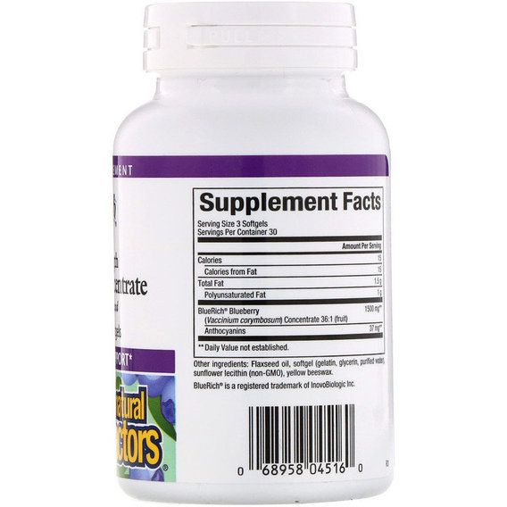 Комплекс для профілактики зору Natural Factors BlueRich, Super Strength, Blueberry Concentrate 500 mg 90 Softgels NFS04516 | Зображення 1