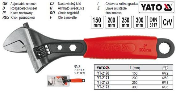 Ключ разводной YATO Польша ручка ПВХ L=250 мм YT-2172