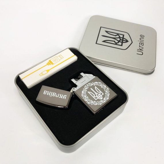 Дугова електроімпульсна запальничка USB Україна металева коробка HL-447. Колір: чорний | Зображення 1