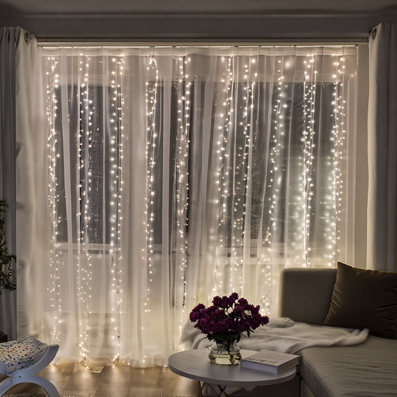 Новорічна гірлянда кімнатна штора роса Хвойна лапа 3х3 м 600 LED Біле світло D600LED3MW