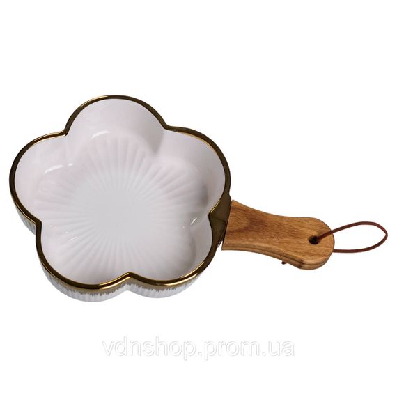 Тарілка порцелянова глибока з ручкою Квітка 24×16×4 (см) блюдо сервірувальне з ручкою для подачі тарілка сковорода Золото ZJH-13-1 | Зображення 1