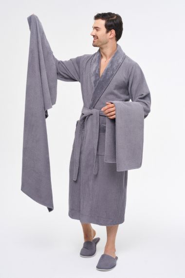 Мужской халат Nusa 1163 с тапочками и полотенцами, Серый, L/XL