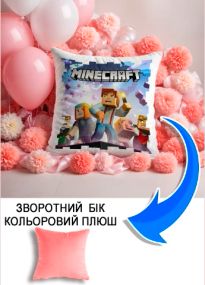 Подушка плюшева Мерч Крафт Дизайн з принтом Майнкрафт Minecraft 3 рожевий плюш квадратна 33х33 см