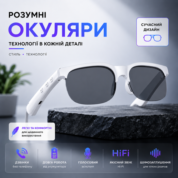 Розумні бездротові окуляри 2-в-1 ANKRIYUL з вбудованими бездротовими навушниками та мікрофоном для телефону, Type-C. Білі з чорним