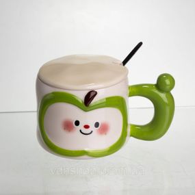 Чашка фарфоровая 400 (мл) с крышкой и ложкой, оригинальная кружка на подарок чашка для детей Зеленый FM-25A