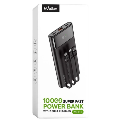 Павербанк 10000 mAh WALKER WB-615 LCD дисплей + кабелі MicroUSB/Type-C/Lightning чорний | Зображення 1