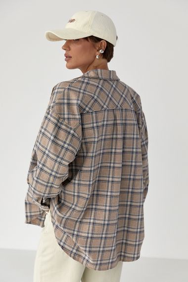 Картата сорочка з напівкруглим низом на ґудзиках - світло-коричневий цвет, L (є розміри) | Зображення 1