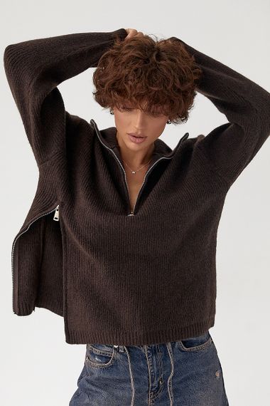 В'язана жіноча кофта з блискавками - темно-коричневий цвет, ONE SIZE (є розміри) | Зображення 4