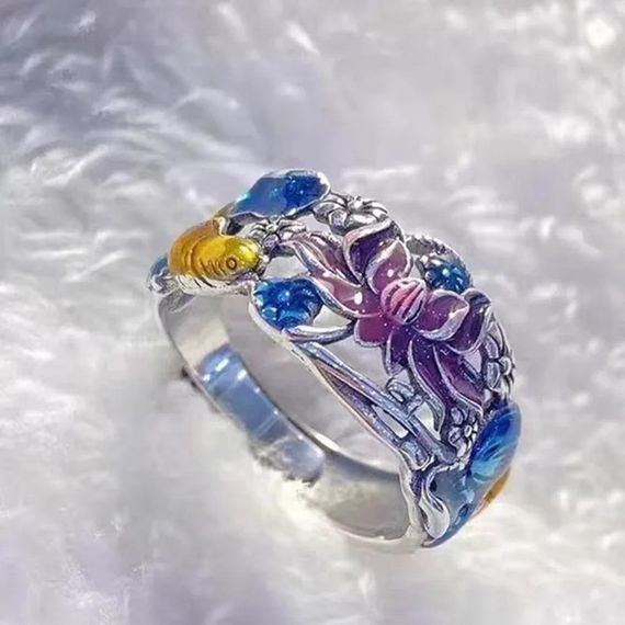 Вінтажна каблучка жіноча з фіолетовим Лотосом емаль срібляста р регульована