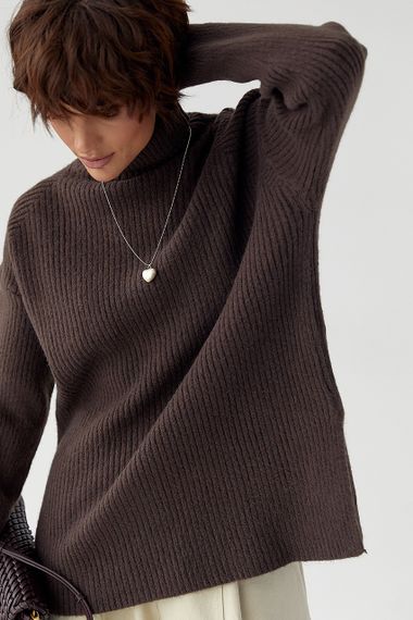 В'язана туніка в рубчик із високою горловиною - коричневий цвет, ONE SIZE (є розміри) | Зображення 4