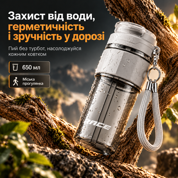 Термочашка RACE 650 мл серая с трубочкой, герметичной крышкой и ремешком, дорожная термокружка для кофе и чая | Зображення 8