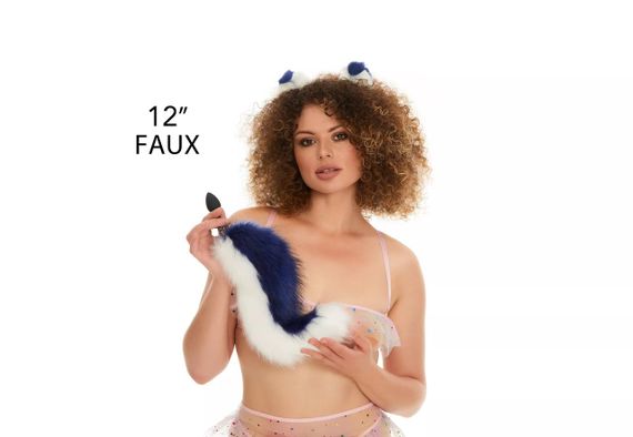 Анальний хутряний хвіст без пробки, Синій з білим, OKOVA sexstyle