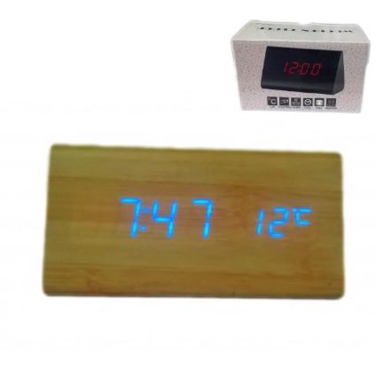 Настольные часы с 3 режимами работы и втроеным градусником с синей подсветкой Wooden Clock 1301  (lp-79561_283)