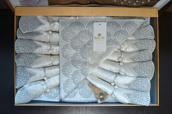 Велюрова скатертина з ранером Selin Derya Set 160×350+12 серветок Кремовий | Зображення 2