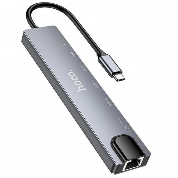 Перехідник HUB Hoco DUP09 (Type-C to HDMI+USB 3.0+USB 2.0+2xType-C+SD/TF) Silver