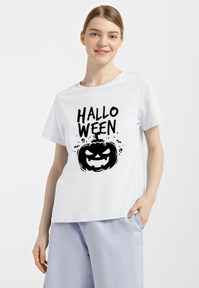 Футболка жіноча біла з принтом "Геловін гарбуз", XL