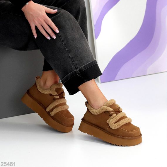 Трендовые теплые замшевые кроссовки-угги на липучке цвет Camel | Зображення 3
