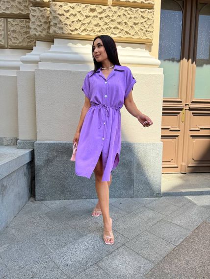 Жіноча літня сукня-сорочка з короткими рукавами на ґудзиках турецький льон-жатка adl773 колір бузковий, розмір 50/52