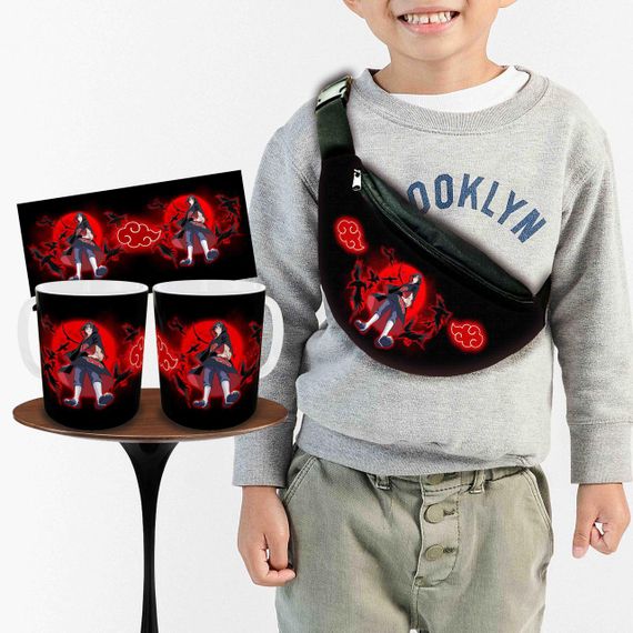 Набір: дитяча сумка-бананка+кружка Аніме Наруто Акацукі 32х15см, бананка для хлопчика через плече на подарунок (00939)