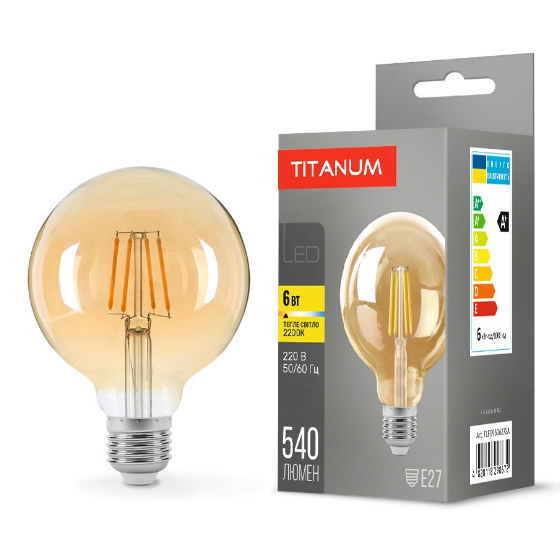 Лампа G95 6W E27 2200К 220V Filament A LED Titanum