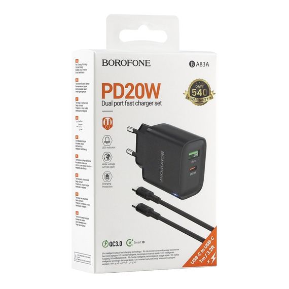 Мережевий зарядний пристрій Borofone BA83A 1USB-C/1USB PD/QC 20W+Type-C to Type-C | Зображення 2