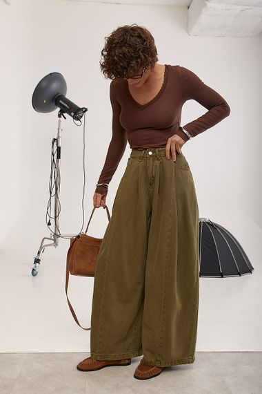 Широкі однотонні джинси Palazzo - коричневий цвет, S (є розміри) | Зображення 2