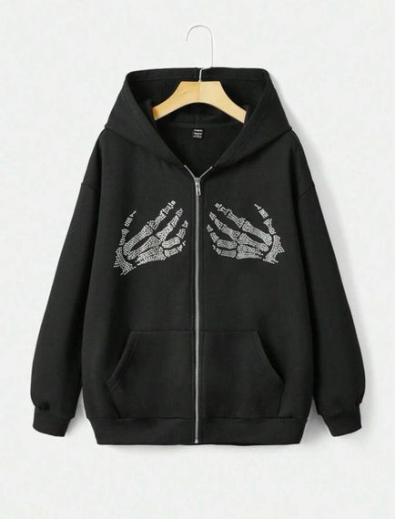 Женское теплое худи на флисе со скелетом рук RO113 цвет черный, размер универсальный 42/46