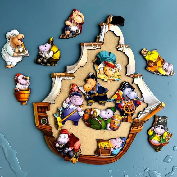 Деревянный пазл-вкладыш "Бегемотики-пираты" Ubumblebees (ПСД083) PSD083, 13 бегемотиков | Зображення 3