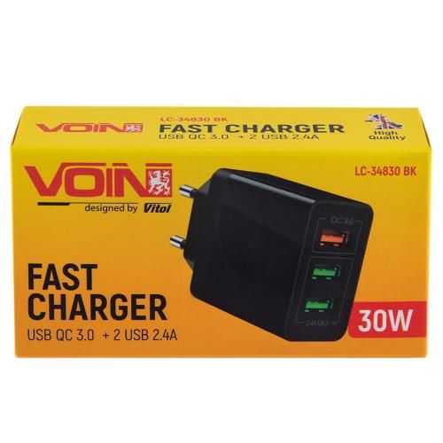 Мережевий зарядний пристрій VOIN 30W, 3 USB, QC3.0 (Port 1-5V*3A/9V*2A/12V*1.5A. Port 2/3-5V2.4A) | Зображення 1