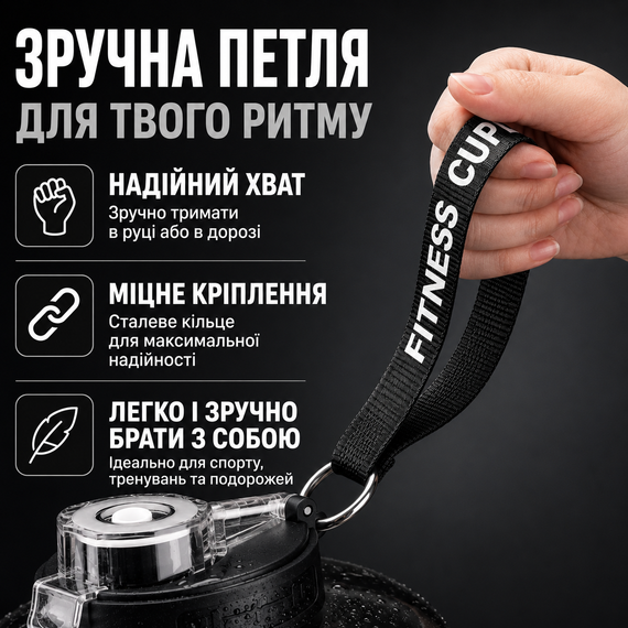Большая спортивная бутылка для воды 2.2 литра (2200 мл.)  Fitness Cup Черная — С удобной ручкой, ремешком и соломинкой | Зображення 6
