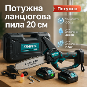 Ланцюгова пила садова для обрізки дерев Krafftec 20 см, Акумуляторна ланцюгова пила для ділянки TO-27