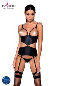 Корсет з відкритими грудьми Passion JANNIES CORSET L/XL black, стрінги в наборі
