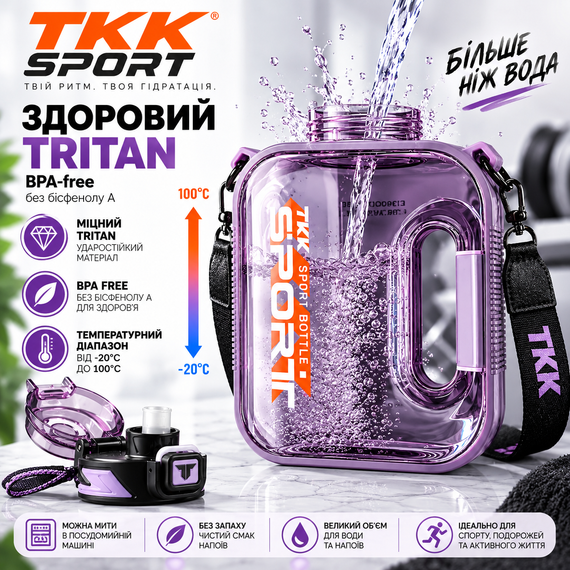 Спортивна пляшка TKK SPORT 2100 мл з ручкою та трубочкою — прозора фіолетова пляшка для води з Tritan, BPA Free, ударостійка | Зображення 2