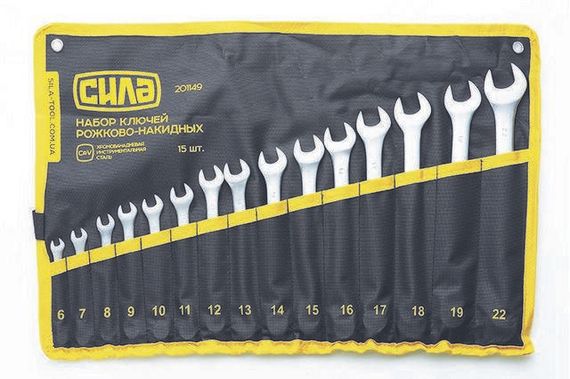 Ключі (набір) СИЛА (201149) 15 шт. 6-19, 22 в чохлі/CrV/рожково-накидні