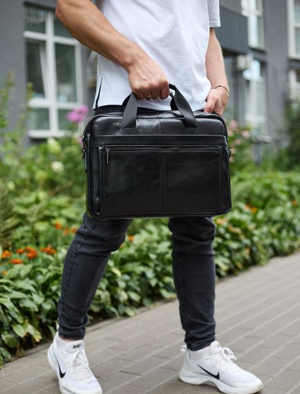 Кожаная мужская сумка-портфель 38х28х8, сумочка для работы и ежедневных дел, мужской шопер, черная | Зображення 3