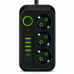 Сетевой фильтр Power Socket F09U 2500 Вт 2 м черный • Удлинитель Power Socket F09U на 3 розетки с 4 USB, PD Type-C и выключателем
