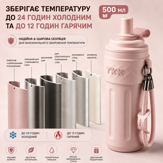 Термос TKK 500 мл - Розовый, с силиконовой насадкой-соской, вакуумная изоляция для активного образа жизни | Зображення 5
