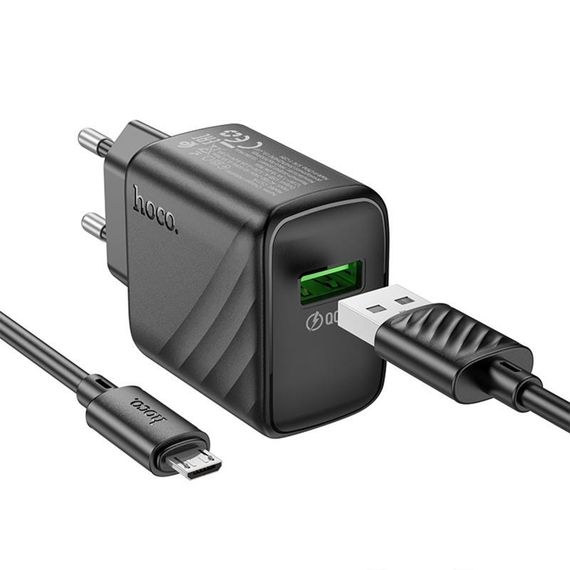 МЗП Hoco CS21A Rich QC3.0 18W (1USB-A) + кабель USB to MicroUSB Black | Зображення 1