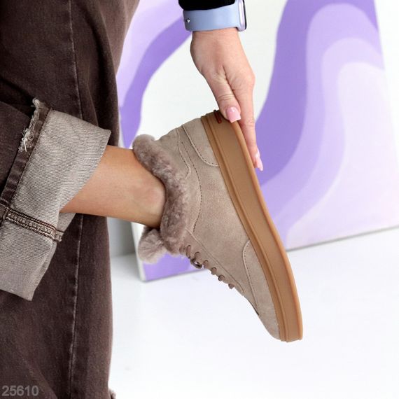 Класичні Бежеві зимові кросівки натуральна замша опушка цигейка | Зображення 5