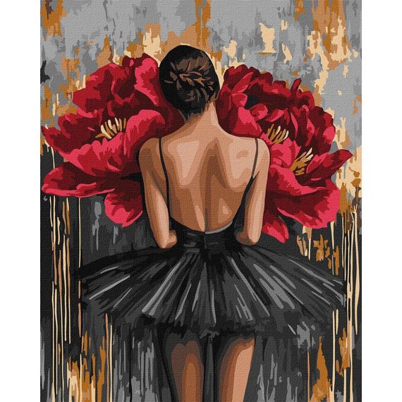 Картина за номерами "Балерина з червоними півоніями з фарбами металік" ©art_selena_ua KHO8664, 40x50 см