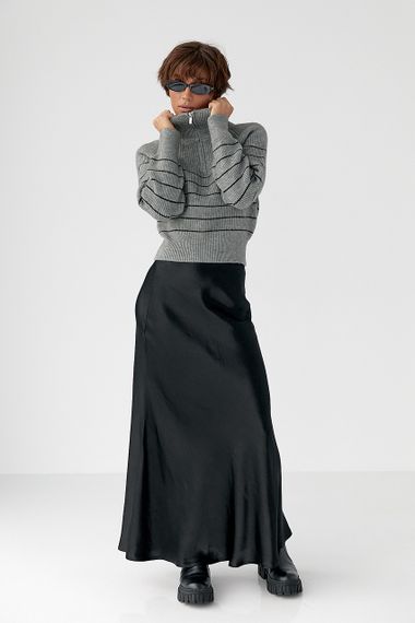 Жіноча атласна довга спідниця на резинці - чорний цвет, S (є розміри) | Зображення 2