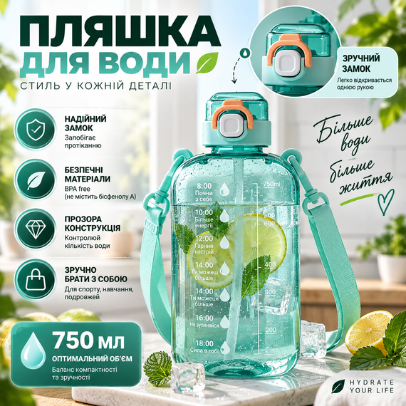 Спортивна пляшка для води SPORT 750 мл з ремінцем — багаторазова BPA-free пластикова пляшка з герметичною кришкою, бірюзова | Зображення 1