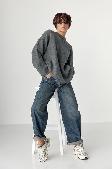 Теплий вільний джемпер зі швами назовні - темно-сірий цвет, ONE SIZE (є розміри) | Зображення 2