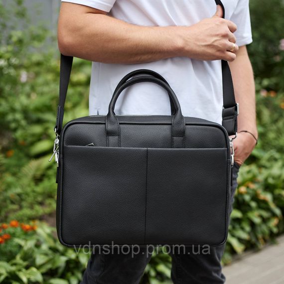 Чоловічий портфель на плече 38х28х8.5, офісний шкіряний месенджер, чоловіча ділова сумка для міста, чорна | Зображення 5