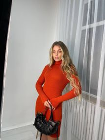 Женское вязаное платье-гольф в обтяжку теплое NO6599 размер единый 42-50 цвет кирпичный