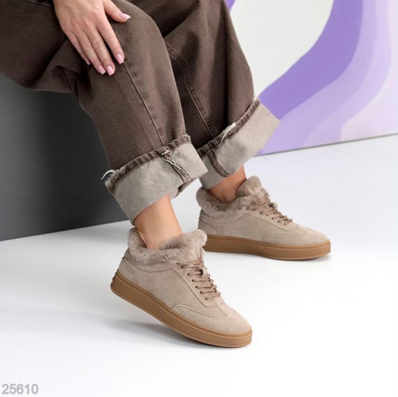 Класичні Бежеві зимові кросівки натуральна замша опушка цигейка | Зображення 1