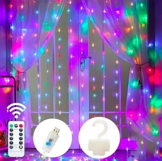 Світлодіодна гірлянда штора з пультом мультик 3х2 м від мережі 200 LED кімнатна гірлянда завіса на вікно | Зображення 2