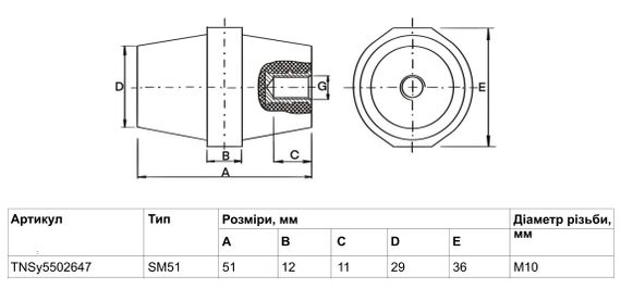 Ізолятор SM51 М10 з болтом (51*36 15kV) Ny95502647 | Зображення 1