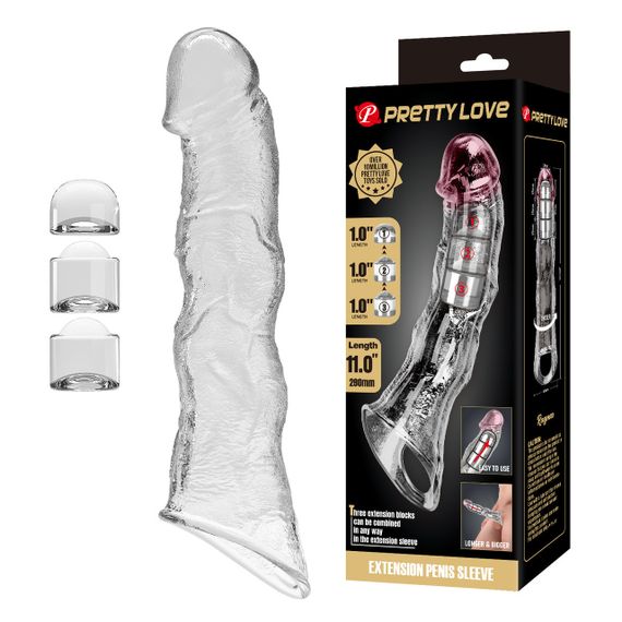 Подовжуюча насадка на пеніс Pretty Love Extension з подовжувачами (3 шт), прозора, 28 х 5,2 см Sex Aura
