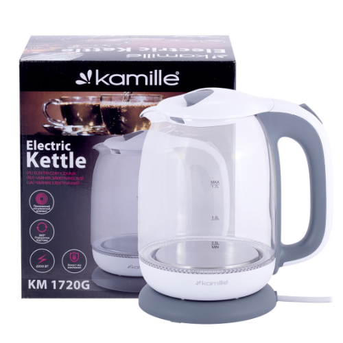Електрочайник 1,7л 1850-2200W пластик (диск) білий/сірий 1720G KAMILLE | Зображення 6